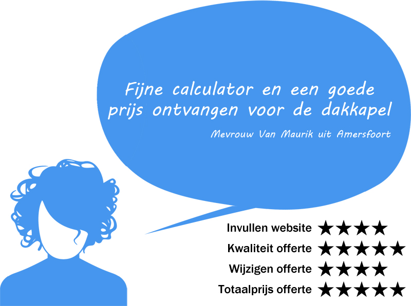 Review door Mevrouw Van Maurik uit Amersfoort. Fijne calculator en een goede
prijs ontvangen voor de dakkapel